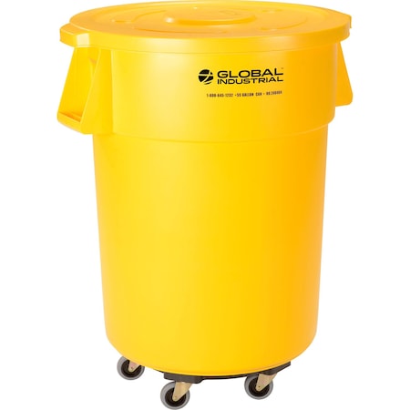 Global Industrial Plastic Trash Can with Lid & Dolly, 55 Gallon Yellow 240464YLB